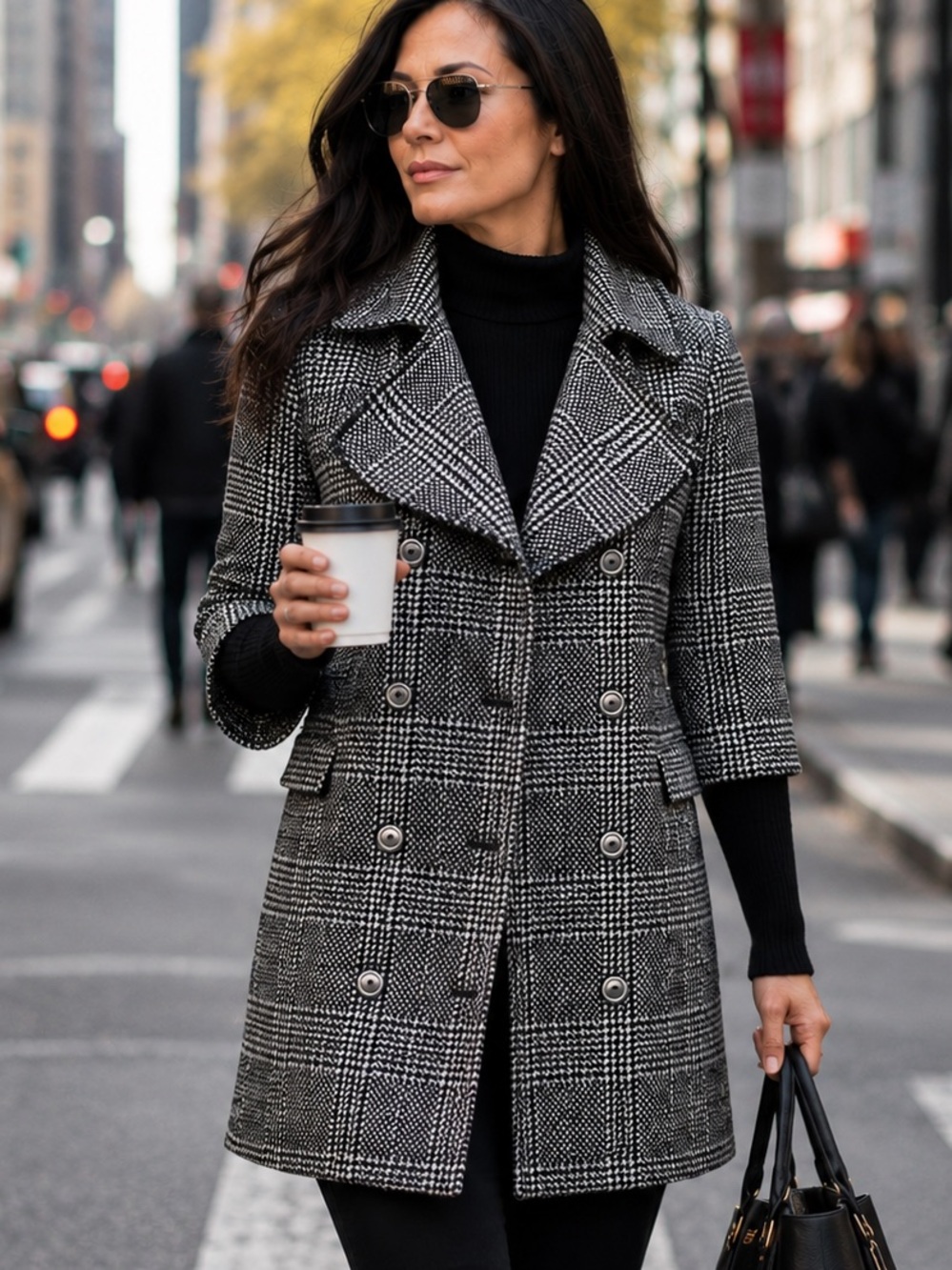 Houndstooth Double Breasted Trench Coat Black White Purple M